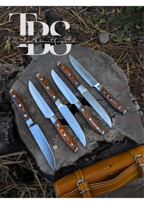 Handmade 6-Piece Knife Set with Brown Wooden Handles, Damascus Steel Blades, and Leather Bag – Perfect for Culinary Enthusiasts and Gifting