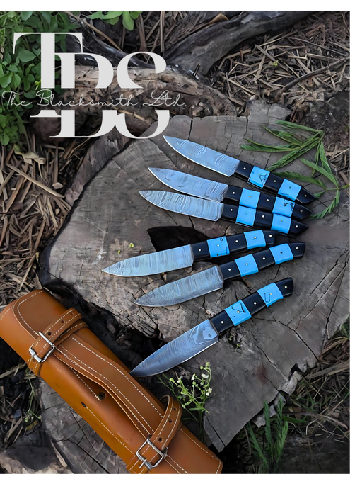 Handmade 6-Piece Chef Knife Set with Blue and Black Handles, Damascus Steel Blades, and Leather Bag – Perfect Gift for Chefs and Collectors