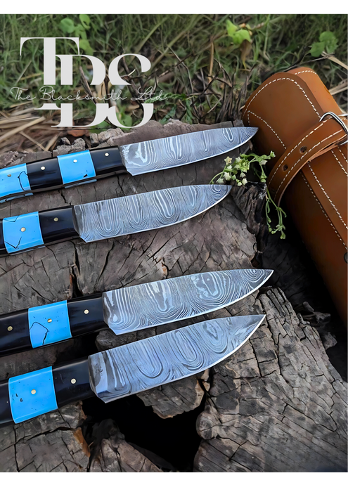 Handmade 6-Piece Chef Knife Set with Blue and Black Handles, Damascus Steel Blades, and Leather Bag – Perfect Gift for Chefs and Collectors