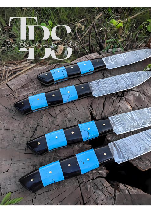 Handmade 6-Piece Chef Knife Set with Blue and Black Handles, Damascus Steel Blades, and Leather Bag – Perfect Gift for Chefs and Collectors