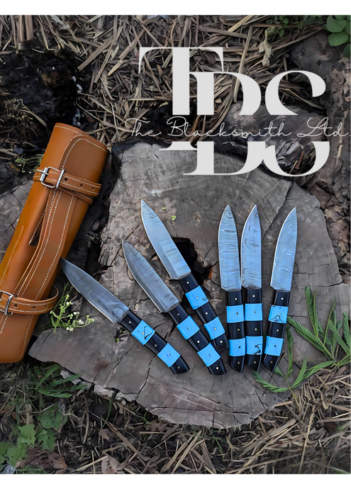 Handmade 6-Piece Chef Knife Set with Blue and Black Handles, Damascus Steel Blades, and Leather Bag – Perfect Gift for Chefs and Collectors