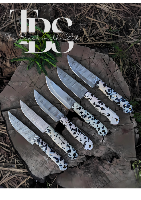 Handmade 6-Piece Chef Knife Set with White and Black Patch Handles, Damascus Steel Blades, and Leather Bag – Premium Gift for Chefs and Collectors