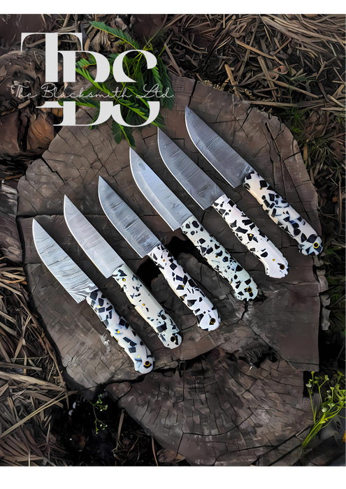 Handmade 6-Piece Chef Knife Set with White and Black Patch Handles, Damascus Steel Blades, and Leather Bag – Premium Gift for Chefs and Collectors