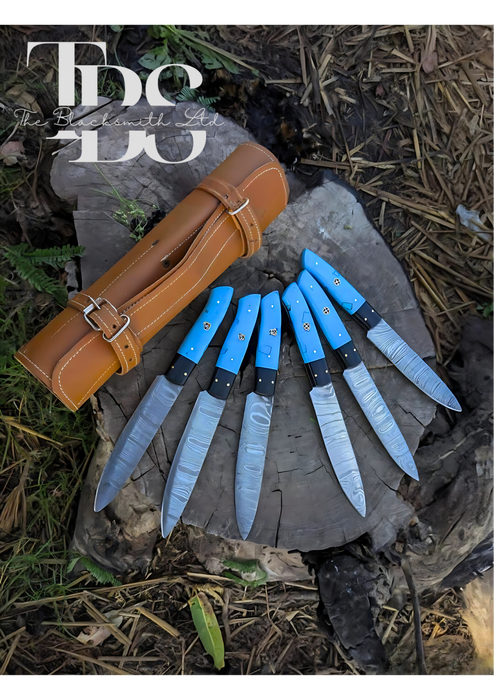 Handcrafted 6-Piece Chef Knife Set with Blue and Black Handles, Damascus Steel Blades, and Leather Bag – Perfect Gift for Chefs and Collectors