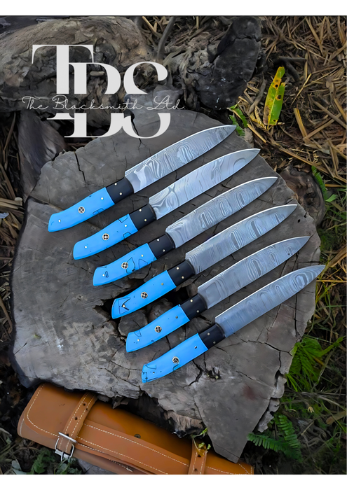 Handcrafted 6-Piece Chef Knife Set with Blue and Black Handles, Damascus Steel Blades, and Leather Bag – Perfect Gift for Chefs and Collectors