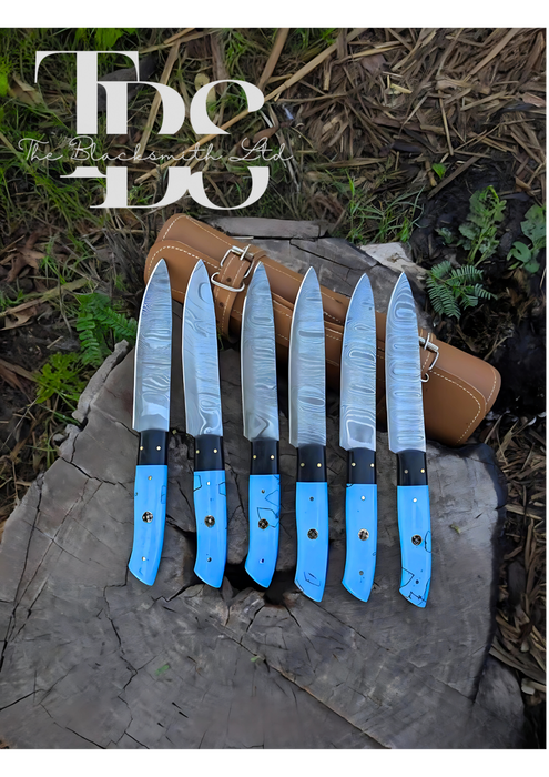 Handcrafted 6-Piece Chef Knife Set with Blue and Black Handles, Damascus Steel Blades, and Leather Bag – Perfect Gift for Chefs and Collectors