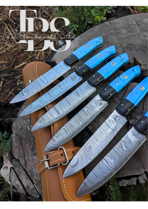 Handcrafted 6-Piece Chef Knife Set with Blue and Black Handles, Damascus Steel Blades, and Leather Bag – Perfect Gift for Chefs and Collectors