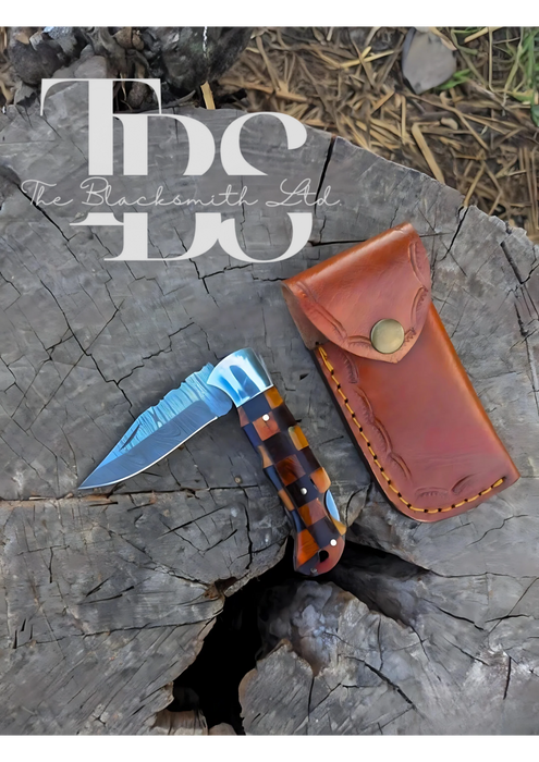 Handmade Square Boxed Foldable Knife – Brown, Dark Brown, Black, and Orange Design – Perfect Anniversary, Groomsmen, and Christmas Gift