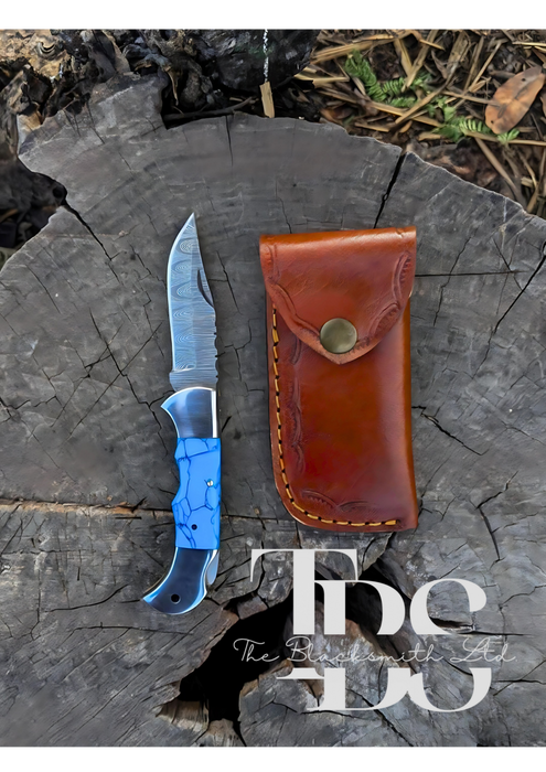 Handmade Blue Foldable Knife – Damascus Style Blade – Perfect Anniversary, Groomsmen, and Christmas Gift