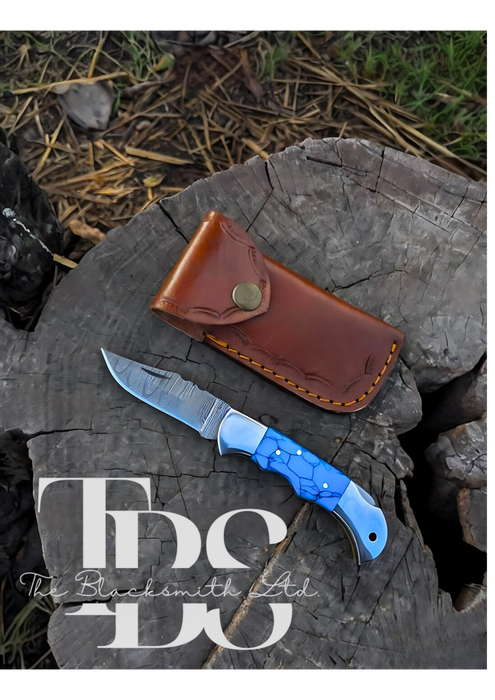 Handmade Blue Foldable Knife – Damascus Style Blade – Perfect Anniversary, Groomsmen, and Christmas Gift