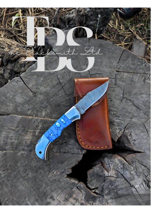 Handmade Blue Foldable Knife – Damascus Style Blade – Perfect Anniversary, Groomsmen, and Christmas Gift