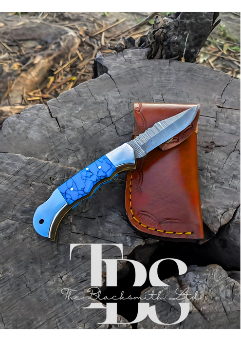 Handmade Blue Foldable Knife – Damascus Style Blade – Perfect Anniversary, Groomsmen, and Christmas Gift