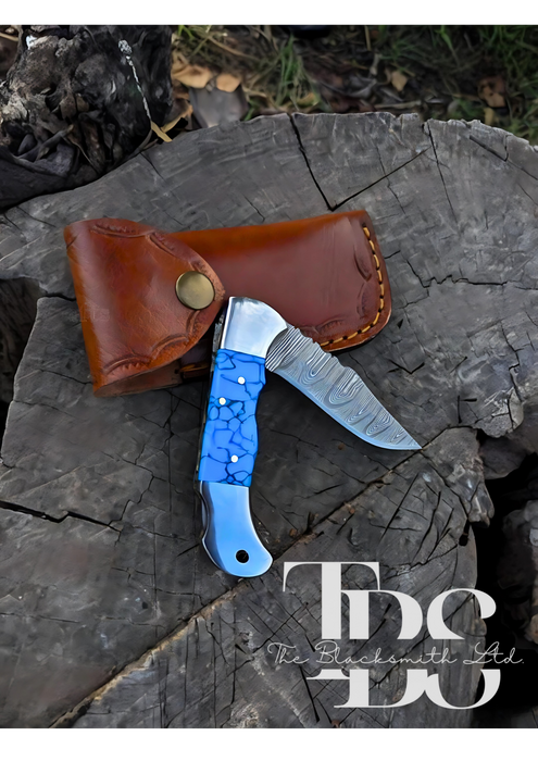 Handmade Blue Foldable Knife – Damascus Style Blade – Perfect Anniversary, Groomsmen, and Christmas Gift