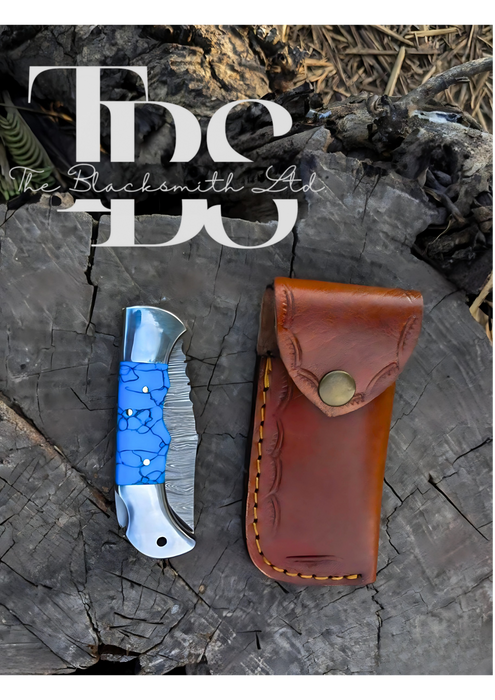 Handmade Blue Foldable Knife – Damascus Style Blade – Perfect Anniversary, Groomsmen, and Christmas Gift