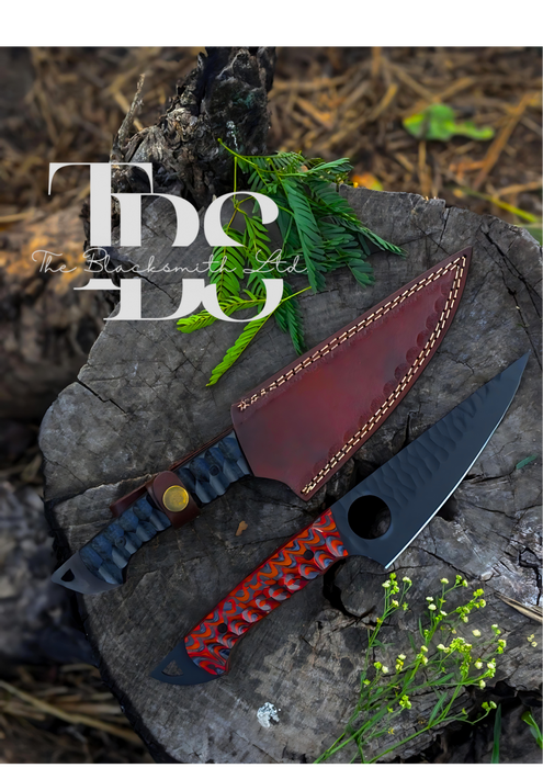 Handmade 2pcs Knife Set with Black and Red Wavy Pattern Handles, Stylish Black Pointed Blades, and Leather Cover – Perfect for Christmas Gifts, Anniversary Gifts, and Groomsmen Gifts