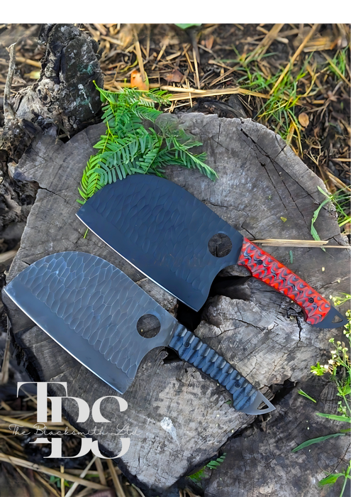 Handmade Forged Cleaver Knife Set with Blade Covers - Black and Red Handle Butcher Knife Set, Chef Knife for Kitchen, Camping, BBQ, Christmas Gift, Anniversary Gift