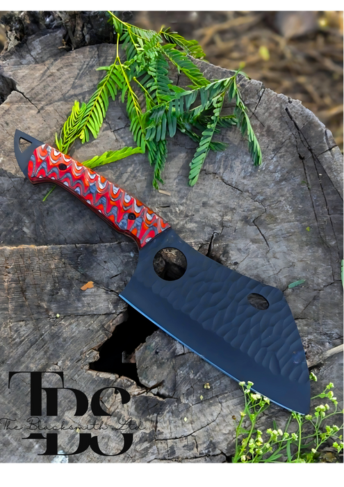 Handmade Black Blade Cleaver with Stylish Holes and Red Wavy Pattern Handle – Perfect for Christmas Gifts, Anniversary Gifts, and Groomsmen Gifts