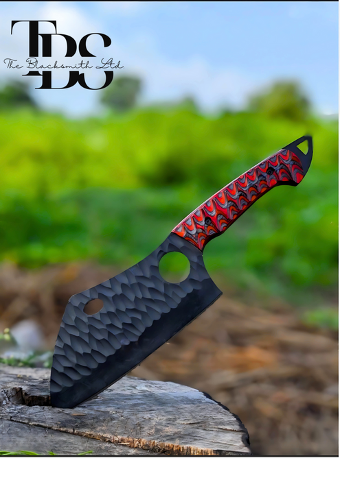 Handmade Black Blade Cleaver with Stylish Holes and Red Wavy Pattern Handle – Perfect for Christmas Gifts, Anniversary Gifts, and Groomsmen Gifts