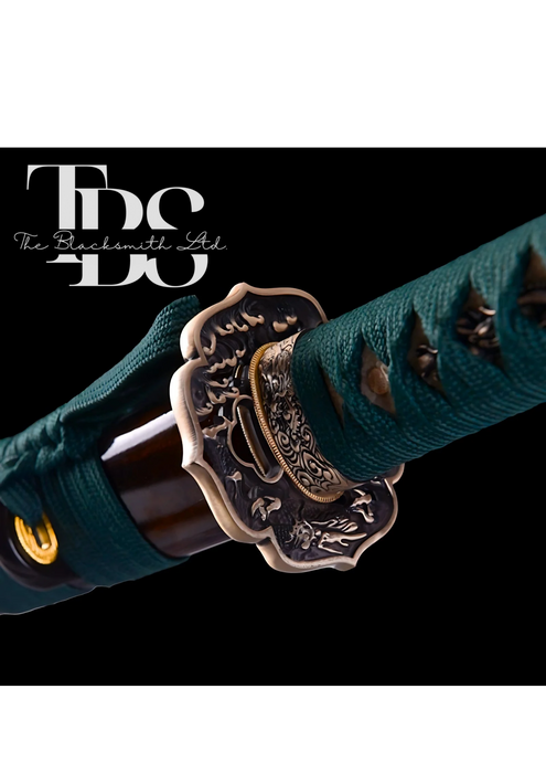 Handcrafted Damascus Steel Katana Sword with Green and Bronze Detailing – Exquisite Full Tang Samurai Dragon Design – Japanese Collectible Sword for Martial Arts, Anniversary, Wedding, Christmas, or Groomsmen Gift - TheBlacksmithLtd #