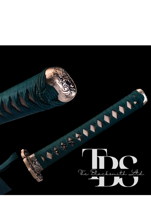 Handcrafted Damascus Steel Katana Sword with Green and Bronze Detailing – Exquisite Full Tang Samurai Dragon Design – Japanese Collectible Sword for Martial Arts, Anniversary, Wedding, Christmas, or Groomsmen Gift - TheBlacksmithLtd #