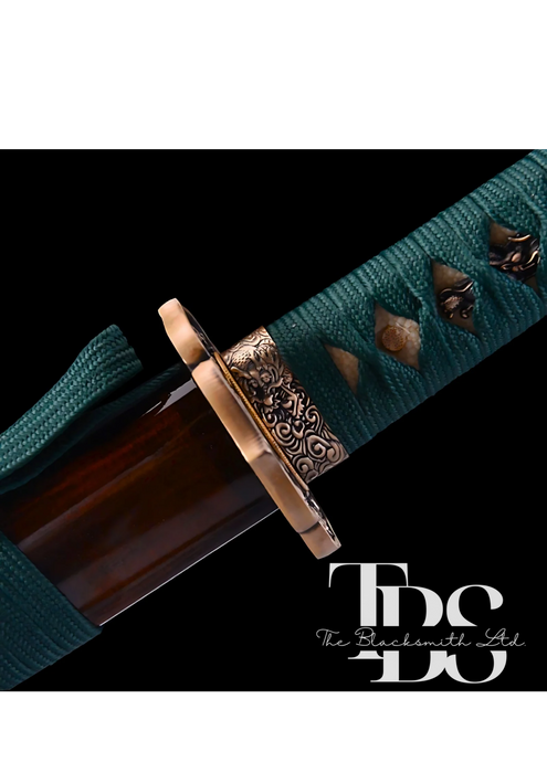 Handcrafted Damascus Steel Katana Sword with Green and Bronze Detailing – Exquisite Full Tang Samurai Dragon Design – Japanese Collectible Sword for Martial Arts, Anniversary, Wedding, Christmas, or Groomsmen Gift - TheBlacksmithLtd #