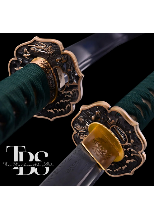 Handcrafted Damascus Steel Katana Sword with Green and Bronze Detailing – Exquisite Full Tang Samurai Dragon Design – Japanese Collectible Sword for Martial Arts, Anniversary, Wedding, Christmas, or Groomsmen Gift - TheBlacksmithLtd #