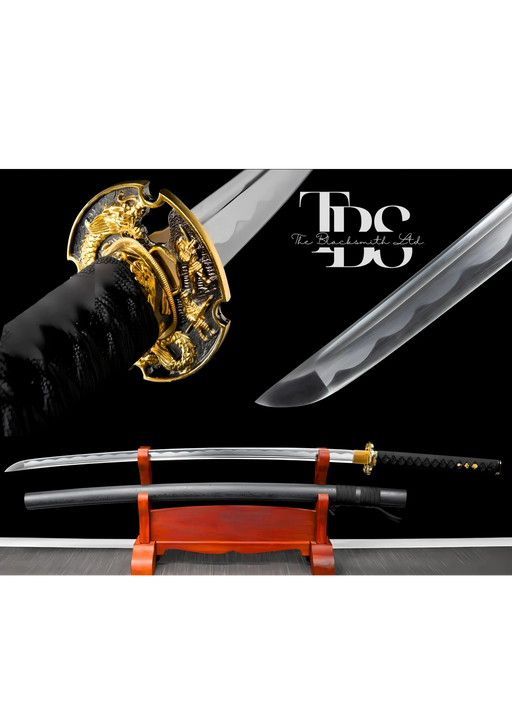 Handcrafted Damascus Steel Katana Sword with Black and Golden Detailing – Exquisite Full Tang Samurai Dragon Design – Japanese Collectible Sword for Martial Arts, Anniversary, Wedding, Christmas, or Groomsmen Gift - TheBlacksmithLtd #