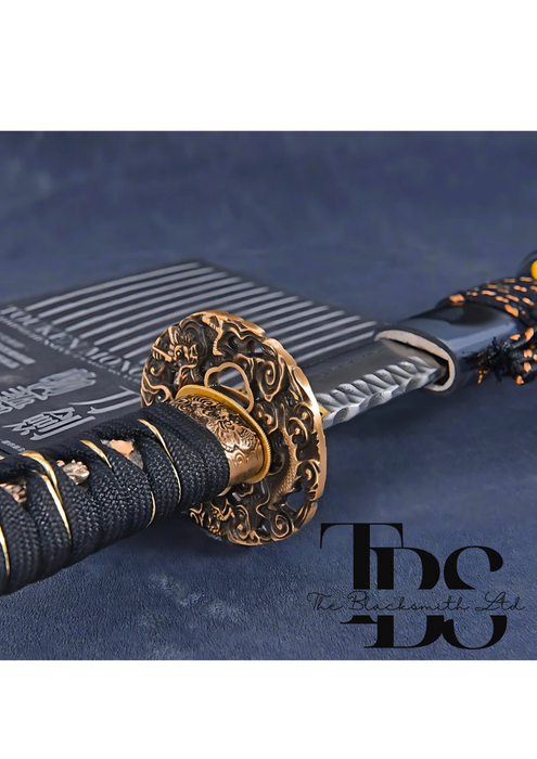 Damascus Steel Katana Sword with Black and Gold Detailing – Unique Blade Design and Stylish Cover – Full Tang Samurai Dragon Sword for Martial Arts, Anniversary, Wedding, Christmas, or Groomsmen Gift - TheBlacksmithLtd #