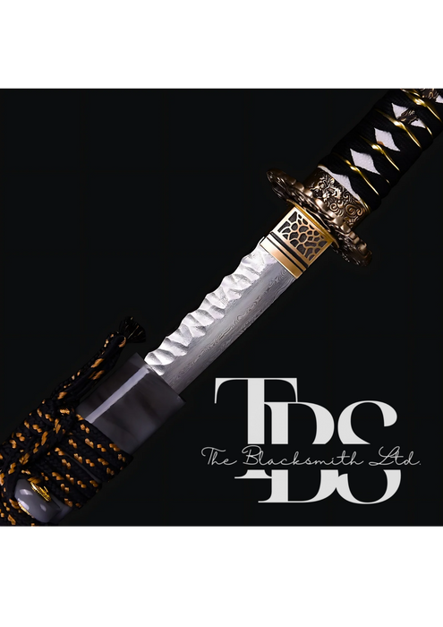 Damascus Steel Katana Sword with Black and Gold Detailing – Unique Blade Design and Stylish Cover – Full Tang Samurai Dragon Sword for Martial Arts, Anniversary, Wedding, Christmas, or Groomsmen Gift - TheBlacksmithLtd #