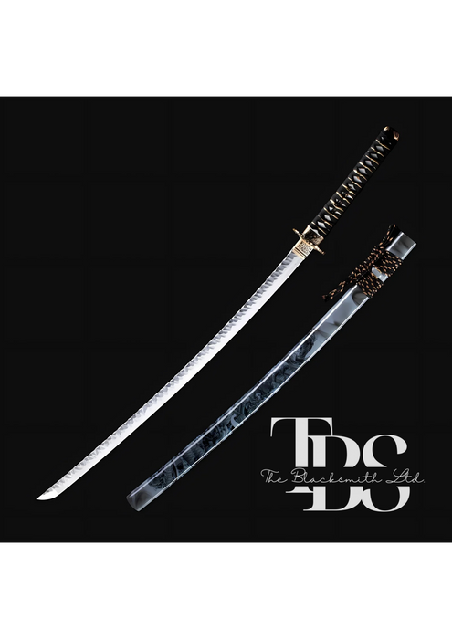 Damascus Steel Katana Sword with Black and Gold Detailing – Unique Blade Design and Stylish Cover – Full Tang Samurai Dragon Sword for Martial Arts, Anniversary, Wedding, Christmas, or Groomsmen Gift - TheBlacksmithLtd #