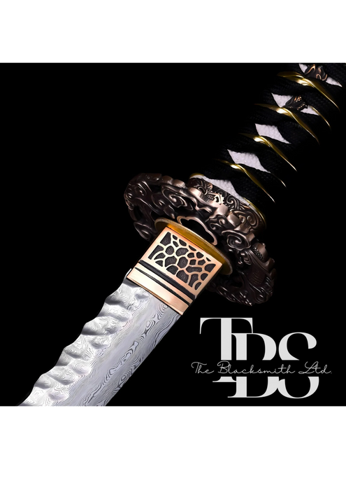 Damascus Steel Katana Sword with Black and Gold Detailing – Unique Blade Design and Stylish Cover – Full Tang Samurai Dragon Sword for Martial Arts, Anniversary, Wedding, Christmas, or Groomsmen Gift - TheBlacksmithLtd #