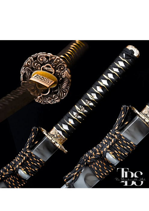 Damascus Steel Katana Sword with Black and Gold Detailing – Unique Blade Design and Stylish Cover – Full Tang Samurai Dragon Sword for Martial Arts, Anniversary, Wedding, Christmas, or Groomsmen Gift - TheBlacksmithLtd #