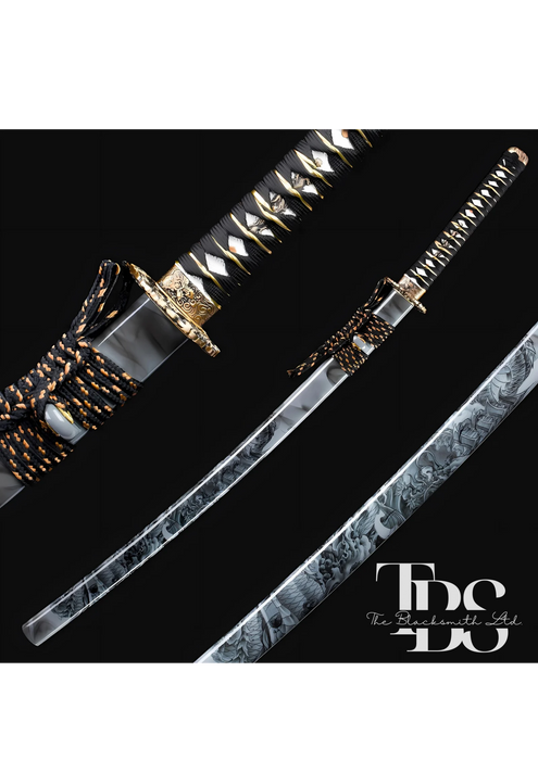 Damascus Steel Katana Sword with Black and Gold Detailing – Unique Blade Design and Stylish Cover – Full Tang Samurai Dragon Sword for Martial Arts, Anniversary, Wedding, Christmas, or Groomsmen Gift - TheBlacksmithLtd #