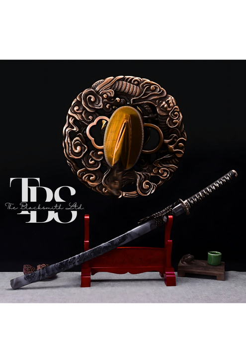 Damascus Steel Katana Sword with Black and Gold Detailing – Unique Blade Design and Stylish Cover – Full Tang Samurai Dragon Sword for Martial Arts, Anniversary, Wedding, Christmas, or Groomsmen Gift - TheBlacksmithLtd #