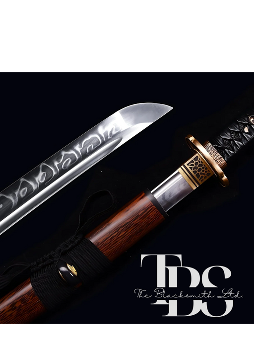 Handcrafted Damascus Steel Katana Sword with Wooden Finish Cover, Black and Gold Accents, and Unique Blade Design – Full Tang Samurai Dragon Sword for Collectors, Martial Arts, Weddings, Anniversaries, or Christmas Gifts - TheBlacksmithLtd #