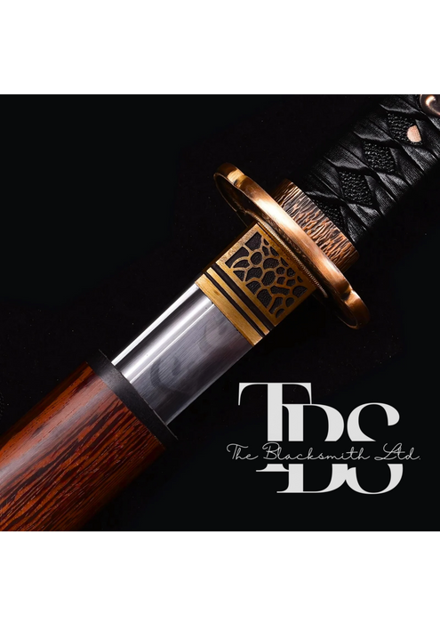 Handcrafted Damascus Steel Katana Sword with Wooden Finish Cover, Black and Gold Accents, and Unique Blade Design – Full Tang Samurai Dragon Sword for Collectors, Martial Arts, Weddings, Anniversaries, or Christmas Gifts - TheBlacksmithLtd #