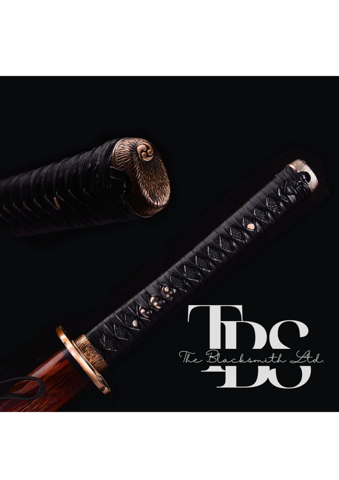 Handcrafted Damascus Steel Katana Sword with Wooden Finish Cover, Black and Gold Accents, and Unique Blade Design – Full Tang Samurai Dragon Sword for Collectors, Martial Arts, Weddings, Anniversaries, or Christmas Gifts - TheBlacksmithLtd #