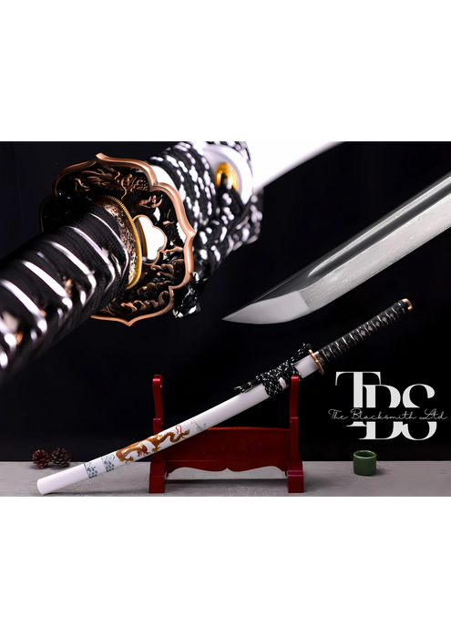 Damascus Steel Katana Sword with Black and White Detailing – Stylish Designed Sword Cover and Unique Blade – Full Tang Samurai Sword for Collectors, Weddings, Anniversaries, Christmas, or Groomsmen Gifts - TheBlacksmithLtd #