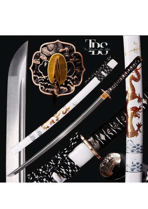 Damascus Steel Katana Sword with Black and White Detailing – Stylish Designed Sword Cover and Unique Blade – Full Tang Samurai Sword for Collectors, Weddings, Anniversaries, Christmas, or Groomsmen Gifts - TheBlacksmithLtd #