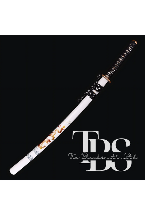 Damascus Steel Katana Sword with Black and White Detailing – Stylish Designed Sword Cover and Unique Blade – Full Tang Samurai Sword for Collectors, Weddings, Anniversaries, Christmas, or Groomsmen Gifts - TheBlacksmithLtd #