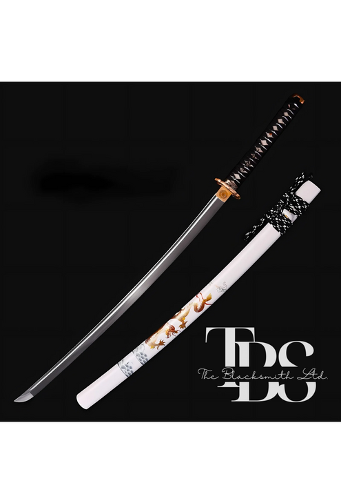 Damascus Steel Katana Sword with Black and White Detailing – Stylish Designed Sword Cover and Unique Blade – Full Tang Samurai Sword for Collectors, Weddings, Anniversaries, Christmas, or Groomsmen Gifts - TheBlacksmithLtd #