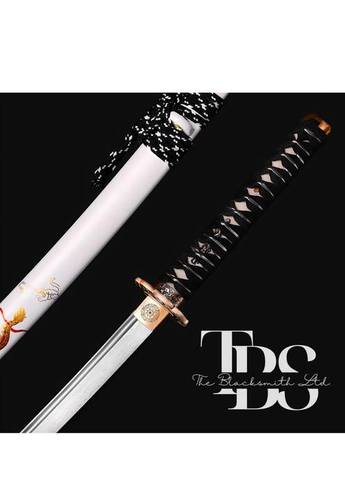 Damascus Steel Katana Sword with Black and White Detailing – Stylish Designed Sword Cover and Unique Blade – Full Tang Samurai Sword for Collectors, Weddings, Anniversaries, Christmas, or Groomsmen Gifts - TheBlacksmithLtd #