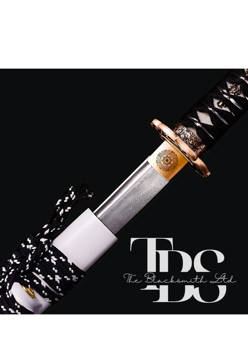 Damascus Steel Katana Sword with Black and White Detailing – Stylish Designed Sword Cover and Unique Blade – Full Tang Samurai Sword for Collectors, Weddings, Anniversaries, Christmas, or Groomsmen Gifts - TheBlacksmithLtd #