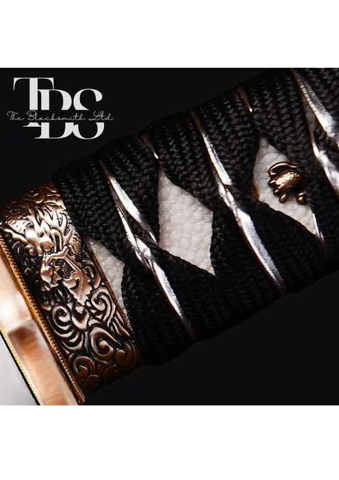 Damascus Steel Katana Sword with Black and White Detailing – Stylish Designed Sword Cover and Unique Blade – Full Tang Samurai Sword for Collectors, Weddings, Anniversaries, Christmas, or Groomsmen Gifts - TheBlacksmithLtd #