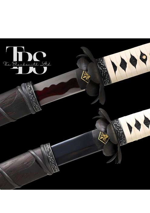 Handmade Set of Two Damascus Steel Katana Swords – Black Handle with Black Blade and White Handle with Red-Lined Blade – Stylish Designed Sword Covers – Full Tang Samurai Swords for Collectors, Weddings, Anniversaries, Christmas, or Groomsmen Gifts - TheBlacksmithLtd #