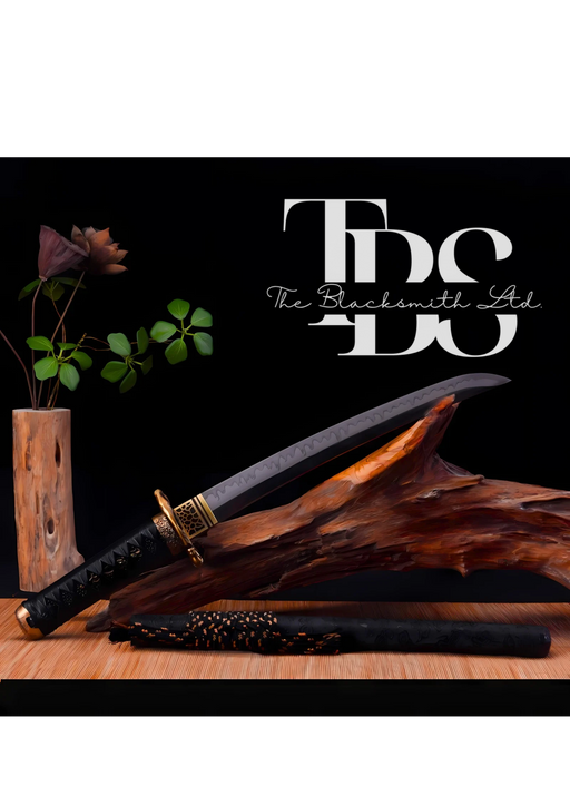 Handcrafted Damascus Steel Katana Sword with Black and Gold Detailing – Unique Blade Design and Lace-Tied Cover – Full Tang Samurai Sword for Collectors, Weddings, Anniversaries, Christmas, or Groomsmen Gifts - TheBlacksmithLtd #