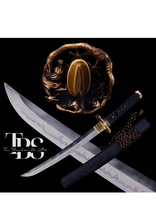 Handcrafted Damascus Steel Katana Sword with Black and Gold Detailing – Unique Blade Design and Lace-Tied Cover – Full Tang Samurai Sword for Collectors, Weddings, Anniversaries, Christmas, or Groomsmen Gifts - TheBlacksmithLtd #