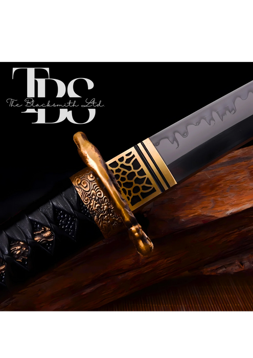 Handcrafted Damascus Steel Katana Sword with Black and Gold Detailing – Unique Blade Design and Lace-Tied Cover – Full Tang Samurai Sword for Collectors, Weddings, Anniversaries, Christmas, or Groomsmen Gifts - TheBlacksmithLtd #