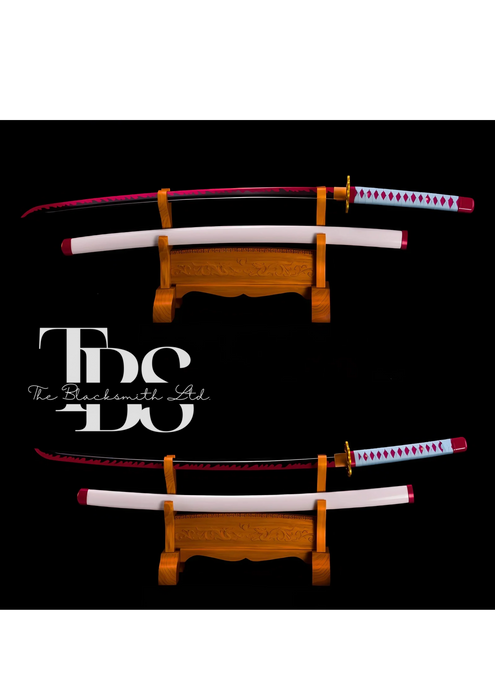 Handmade Damascus Steel Katana Sword – Sky Blue and Red Handle with Golden Detailing – White Blade Cover – Red and Black Blade – Full Tang Samurai Sword for Collectors, Anniversaries, Christmas, or Groomsmen Gifts - TheBlacksmithLtd #