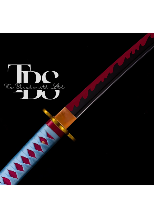 Handmade Damascus Steel Katana Sword – Sky Blue and Red Handle with Golden Detailing – White Blade Cover – Red and Black Blade – Full Tang Samurai Sword for Collectors, Anniversaries, Christmas, or Groomsmen Gifts - TheBlacksmithLtd #